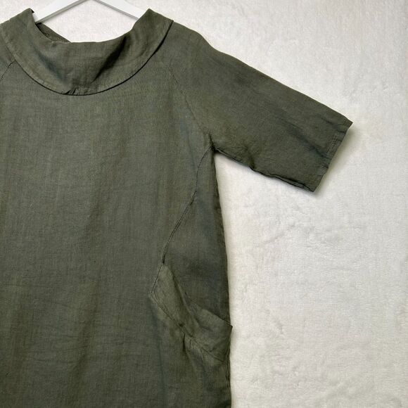 PIAZZA DEL TEMPIO Linen Button Back Shift Dress Lagenlook Pockets Green Sz S - Picture 3 of 8